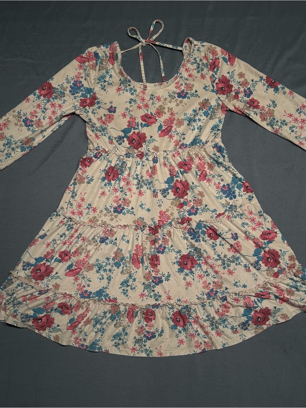 Justice Girls Floral Tiered Faux Suede Long Sleeve Dress
